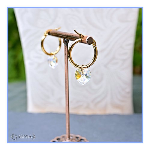 Boucles d'oreilles créoles coeurs cristal aurore boréale acier inoxydable doré (#bo919)