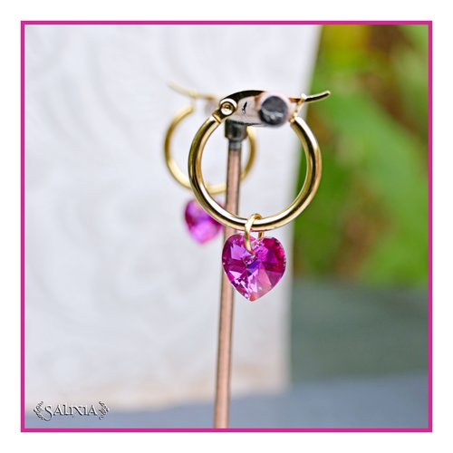 Boucles d'oreilles créoles coeurs cristal fuchsia ab acier inoxydable doré (#bo921)