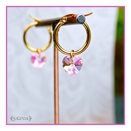 Boucles d'oreilles créoles coeurs cristal rose ab acier inoxydable doré (#bo922)