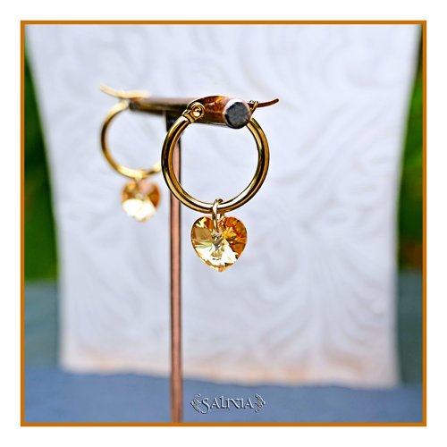 Boucles d'oreilles créoles coeurs cristal topaze ab acier inoxydable doré (#bo923)