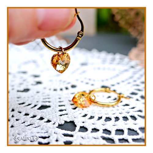 Boucles d'oreilles créoles coeurs cristal topaze ab acier inoxydable doré (#bo923.a)