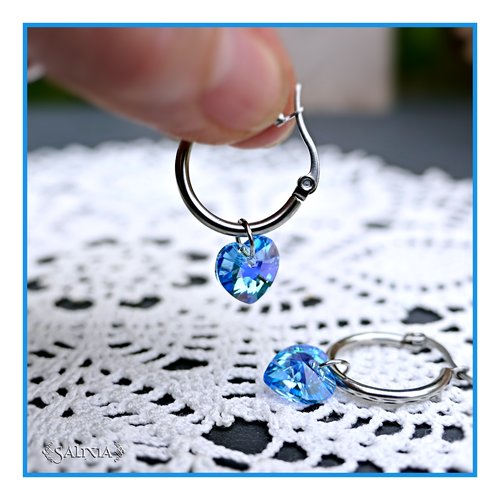 Boucles d'oreilles créoles coeurs cristal bleu ab acier inoxydable (#bo925)