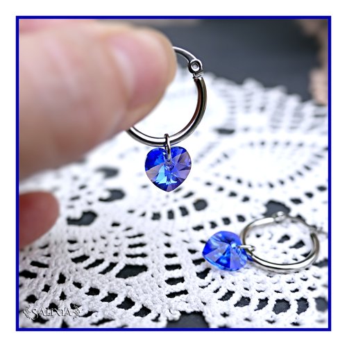 Boucles d'oreilles créoles coeurs cristal bleu saphir ab acier inoxydable (#bo926)