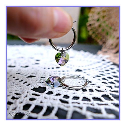 Boucles d'oreilles créoles coeurs cristal violet-vert ab acier inoxydable (#bo927)