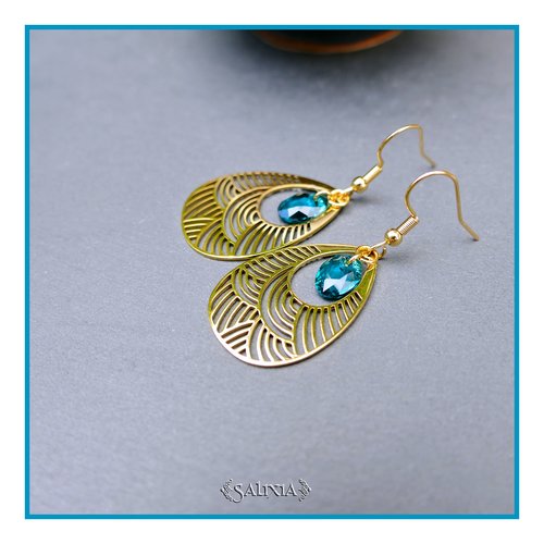 Boucles d'oreilles motif japonais découpe laser cristal bleu teal crochets acier inoxydable doré (#bo929)