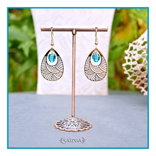 Boucles d'oreilles motif japonais découpe laser cristal bleu teal crochets acier inoxydable doré (#bo929)