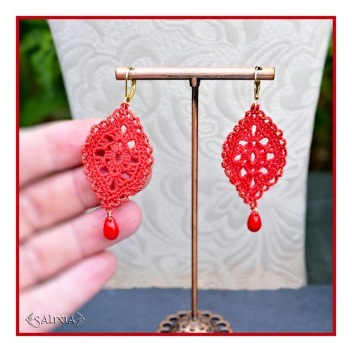 Boucles d'oreilles feuilles dentelle rouge coquelicot au crochet gouttes de bohème rouges dormeuses ou crochets au choix (#bo-c35)
