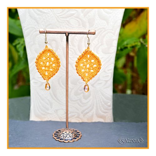 Boucles d'oreilles feuilles dentelle mandarine au crochet perles de bohème crochets acier inoxydable doré (#bo-c37)