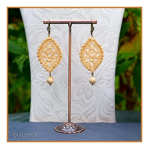 Boucles d'oreilles feuilles dentelle rose des sables au crochet pierres fines jaspe paysage dormeuses doré antique ou crochets (#bo-c40)