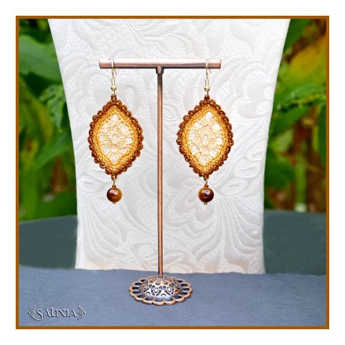 Boucles d'oreilles feuilles dentelle dégradé tons miel au crochet pierres fines oeil de tigre crochets acier inoxydable doré (#bo-c42)