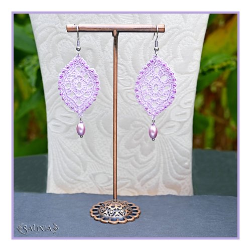 Boucles d'oreilles feuilles dentelle lilas au crochet perles de bohème crochets acier inoxydable (#bo-c44)