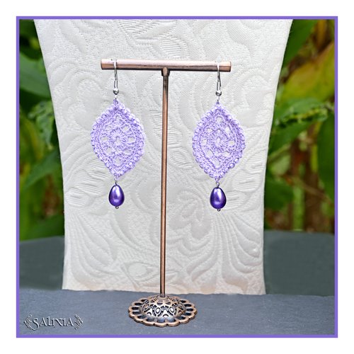 Boucles d'oreilles feuilles dentelle violettes au crochet perles de bohème crochets acier inoxydable (#bo-c45)