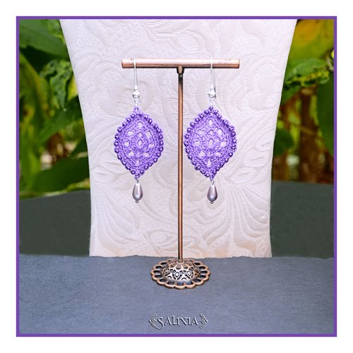 Boucles d'oreilles feuilles dentelle améthyste au crochet perles de bohème crochets plaqué argent fin (#bo-c46)