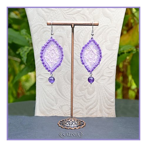 Boucles d'oreilles feuilles dentelle dégradé tons violet au crochet pierres fines améthyste crochets acier inoxydable doré (#bo-c47)