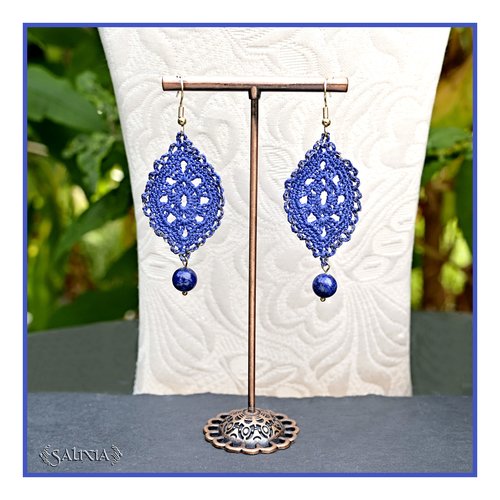 Boucles d'oreilles feuilles dentelle bleu indigo au crochet pierres fines lapis lazuli crochets acier inoxydable doré (#bo-c49)