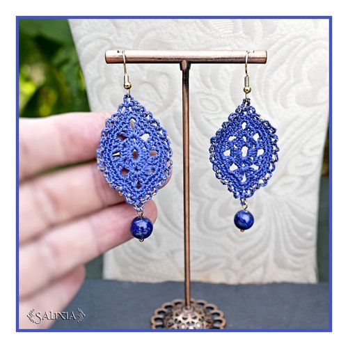 Boucles d'oreilles feuilles dentelle bleu indigo au crochet pierres fines lapis lazuli crochets acier inoxydable doré (#bo-c49)