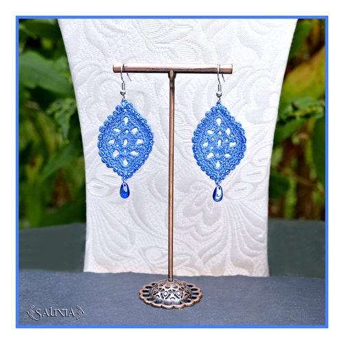 Boucles d'oreilles feuilles dentelle bleu cobalt au crochet perles de bohème crochets acier inoxydable (#bo-c50)