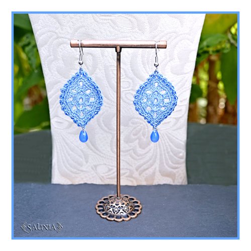 Boucles d'oreilles feuilles dentelle bleu acier au crochet perles de bohème crochets acier inoxydable (#bo-c51)