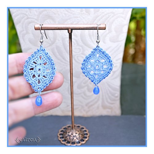 Boucles d'oreilles feuilles dentelle bleu acier au crochet gouttes de bohème bleues crochets acier inoxydable (#bo-c51)