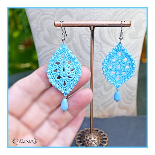 Boucles d'oreilles feuilles dentelle bleu turquoise au crochet gouttes de bohème bleues crochets acier inoxydable (#bo-c54)