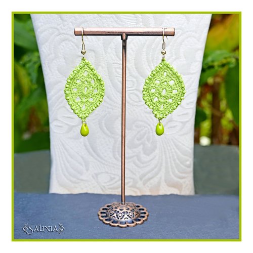 Boucles d'oreilles feuilles dentelle vert olivine au crochet gouttes de bohème olivine crochets acier inoxydable doré (#bo-c56)