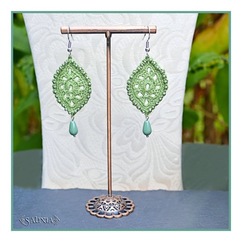Boucles d'oreilles feuilles dentelle vert sauge au crochet gouttes de bohème vertes crochets acier inoxydable (#bo-c57)