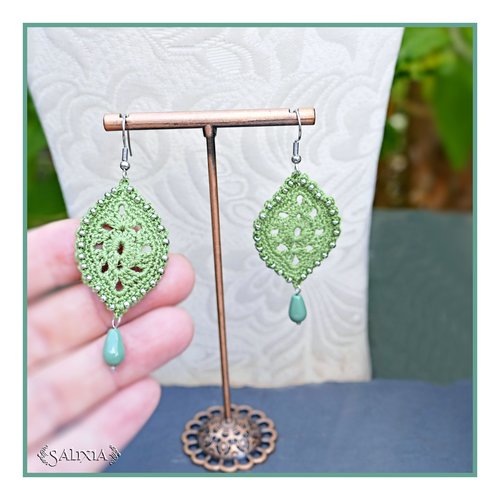 Boucles d'oreilles feuilles dentelle vert sauge au crochet gouttes de bohème vertes crochets acier inoxydable (#bo-c57)