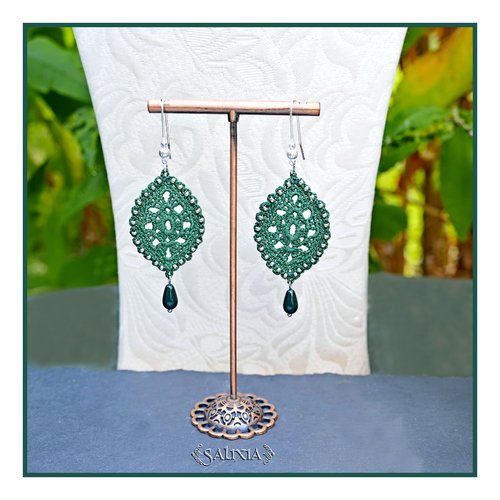 Boucles d'oreilles feuilles dentelle vert sapin au crochet gouttes de bohème vert malachite crochets plaqué argent fin (#bo-c58)