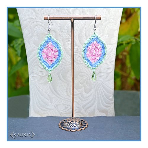 Boucles d'oreilles feuilles dentelle au crochet gouttes cristal péridot crochets acier inoxydable (#bo-c61)