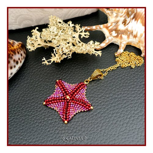 Collier pendentif étoile de mer ruby tissée à l'aiguille chaine acier inoxydable doré (#c364)