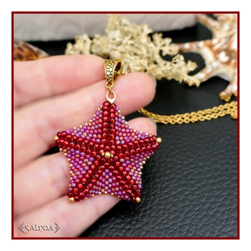 Collier pendentif étoile de mer ruby tissée à l'aiguille chaine acier inoxydable doré (#c364)