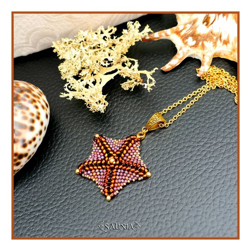 Collier pendentif étoile de mer dark topaze tissée à l'aiguille chaine acier inoxydable doré (#c365)