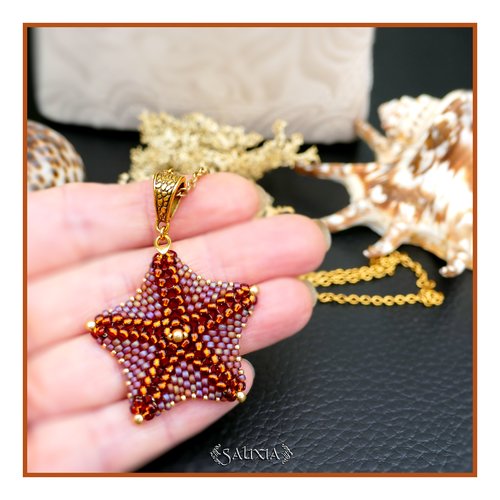 Collier pendentif étoile de mer dark topaze tissée à l'aiguille chaine acier inoxydable doré (#c365)