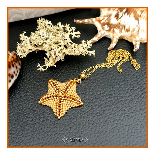 Collier pendentif étoile de mer topaze doré tissée à l'aiguille chaine acier inoxydable doré (#c366)
