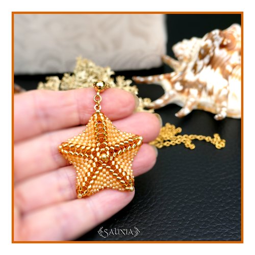 Collier pendentif étoile de mer topaze doré tissée à l'aiguille chaine acier inoxydable doré (#c366)