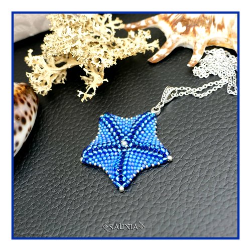 Collier pendentif étoile de mer bleue tissée à l'aiguille chaine acier inoxydable (#c367)