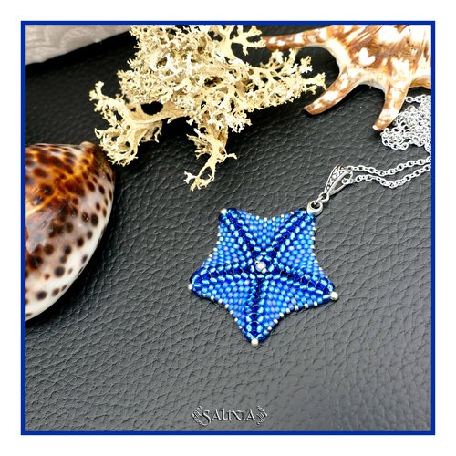 Collier pendentif étoile de mer bleue tissée à l'aiguille chaine acier inoxydable (#c367)