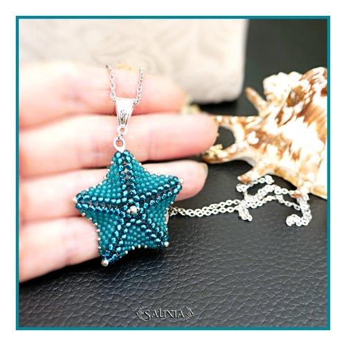 Collier pendentif étoile de mer bleu teal tissée à l'aiguille chaine acier inoxydable (#c368)