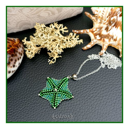 Collier pendentif étoile de mer vert émeraude tissée à l'aiguille chaine acier inoxydable (#c369)