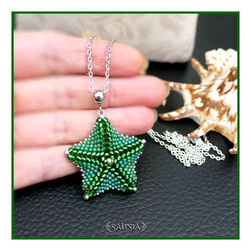 Collier pendentif étoile de mer vert émeraude tissée à l'aiguille chaine acier inoxydable (#c369)