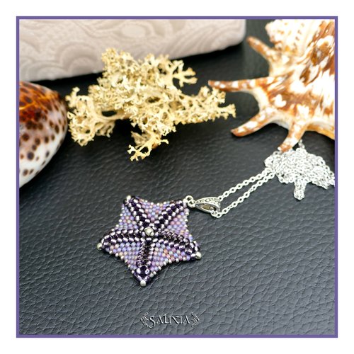 Collier pendentif étoile de mer mauve tissée à l'aiguille chaine acier inoxydable (#c370)