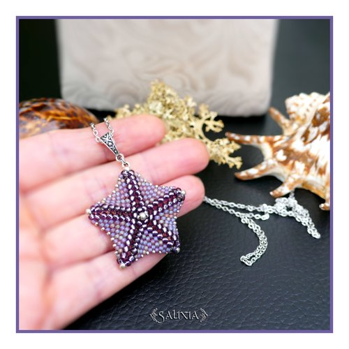 Collier pendentif étoile de mer mauve tissée à l'aiguille chaine acier inoxydable (#c370)