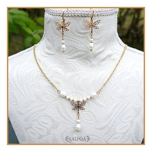Collier libellule filigrane laiton plaqué or perles d'eau douce chaine acier inoxydable doré or fin 24 carats (#361)