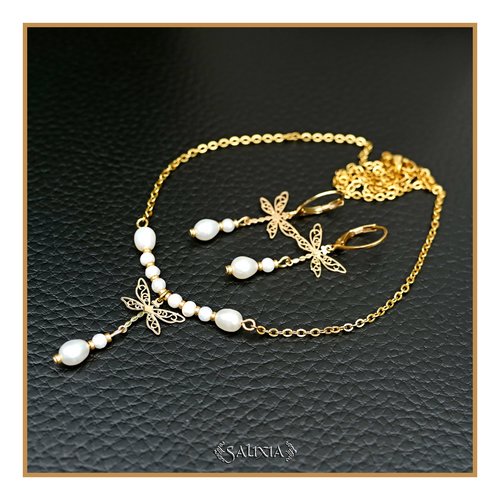 Collier libellule filigrane laiton plaqué or perles d'eau douce chaine acier inoxydable doré or fin 24 carats (#361)