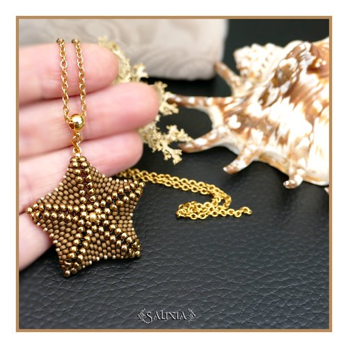 Collier pendentif étoile de mer bronze doré tissée à l'aiguille chaine acier inoxydable doré (#c372)