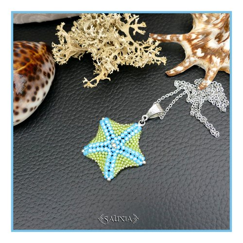 Collier pendentif étoile de mer bicolore bleu turquoise et vert anis tissée à l'aiguille chaine acier inoxydable (#c373)