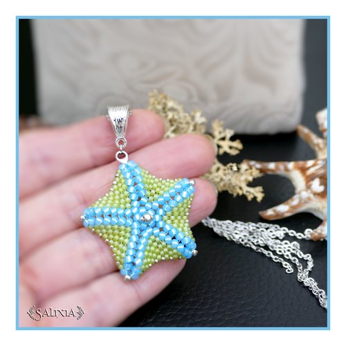 Collier pendentif étoile de mer bicolore bleu turquoise et vert anis tissée à l'aiguille chaine acier inoxydable (#c373)