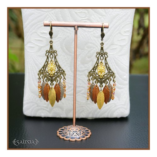 Boucles d'oreilles bohème petites feuilles bronze cuivrées et dorées dormeuses ou crochets au choix (#bo931)