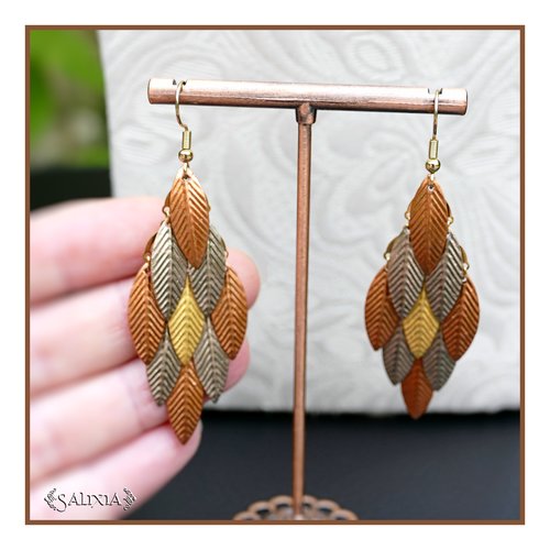 Boucles d'oreilles bohème petites feuilles bronze cuivrées et dorées crochets acier inoxydable doré (#bo932)