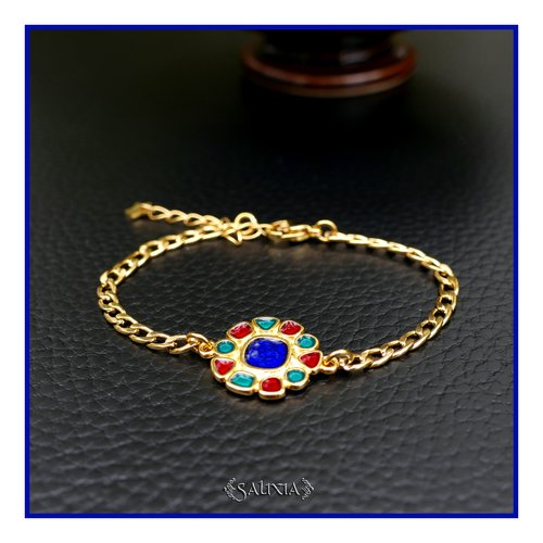 Bracelet intercalaire fleur effet vitrail chaine et mousqueton acier inoxydable doré or fin 24 carats (#bc427)